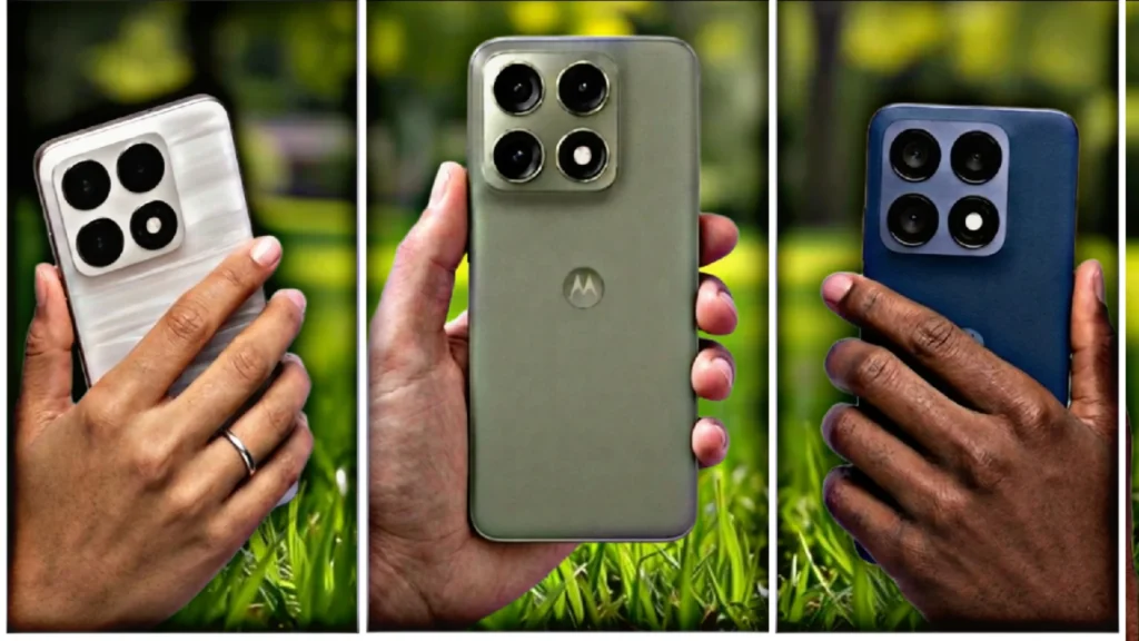 Motorola Edge 70 Pro in Pantone Tea color with a premium marble texture finish and triple camera setup.